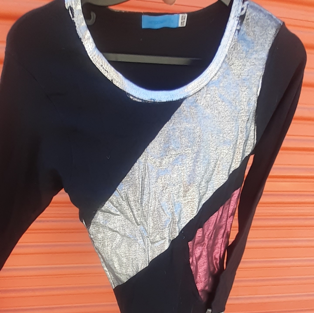 Women black silver pink metallic blouse Top OS M L